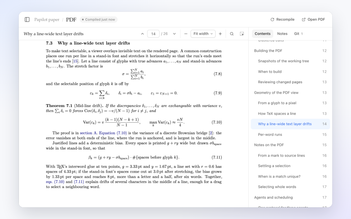 The PDF viewer with its contents menu open